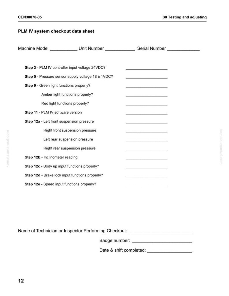 May include: A white PLM IV system checkout data sheet with text including "Machine Model", "Unit Number", and "Serial Number". The sheet also lists several testing steps and fields for technician information.