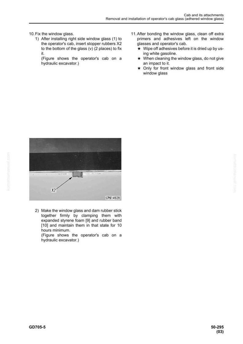 K&ouml;nnte beinhalten: Diagramm der Schritte zum Einbau von Kabinenglas. Anweisungen umfassen das Befestigen der Fensterscheibe, das Einsetzen von Gummistopfen und das Verkleben der Fensterscheibe. Hinweise zur Reinigung und zum Aufprall enthalten.