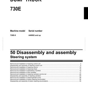 May include: A shop manual page for a Dump Truck 730E, featuring the Komatsu logo. The document details the disassembly and assembly of the steering system, including components like the steering wheel and cylinders.