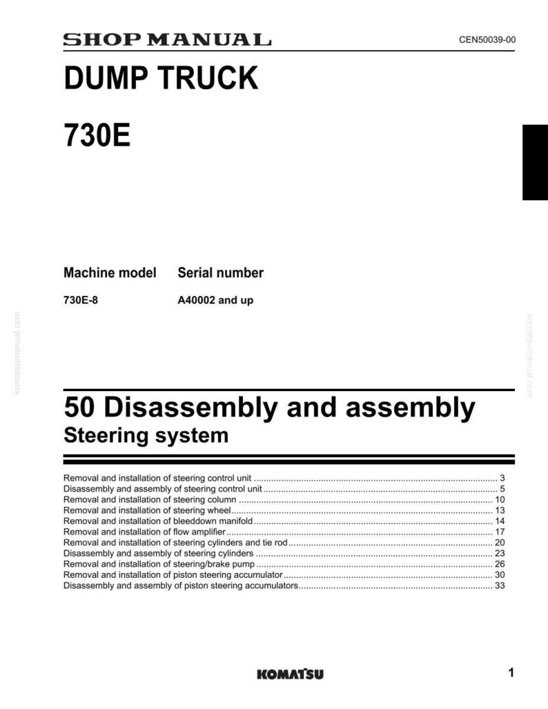 May include: A shop manual page for a Dump Truck 730E, featuring the Komatsu logo. The document details the disassembly and assembly of the steering system, including components like the steering wheel and cylinders.