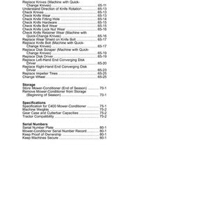 May include: A black and white printed page from a manual, displaying a table of contents. The text includes headings like "Replace Knives," "Storage," and "Serial Numbers." Page numbers are listed to the right of each entry.