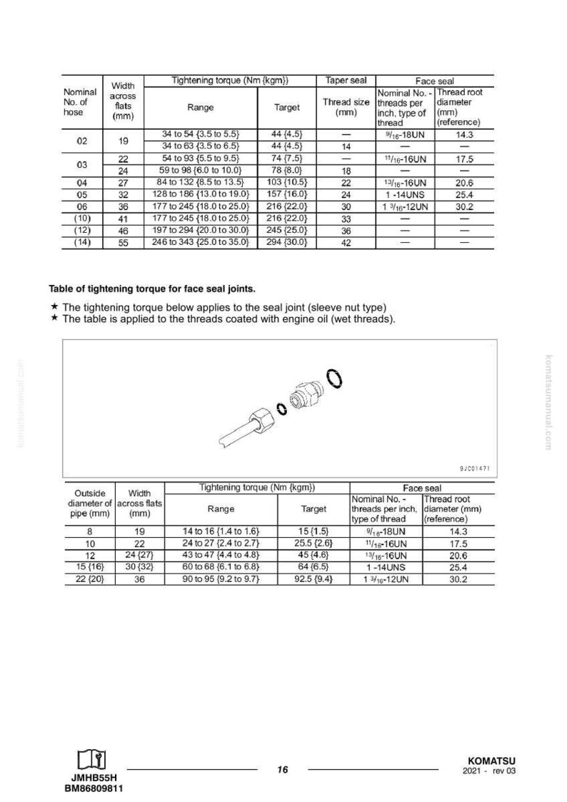 May include: A technical diagram with tables detailing tightening torque specifications for face seal joints. The tables include measurements in millimeters and inches, with ranges and targets for various hose sizes and thread types.