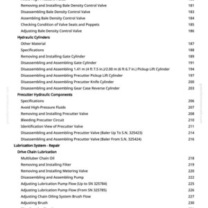 May include: A detailed table of contents from a manual, featuring sections on hydraulic cylinders, lubrication, and wheel hub repair. The text includes specific procedures and page numbers, with a greenfarmmanuals.com watermark.