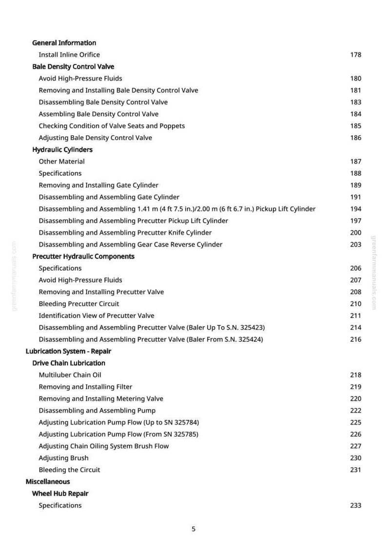 May include: A detailed table of contents from a manual, featuring sections on hydraulic cylinders, lubrication, and wheel hub repair. The text includes specific procedures and page numbers, with a greenfarmmanuals.com watermark.
