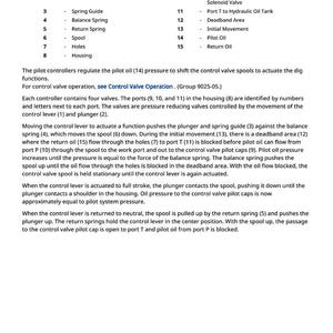 May include: Diagram of hydraulic control valve components with labels. Includes a control lever, plunger, spring guide, balance spring, return spring, spool, holes, and housing. Text explains the function of each part.