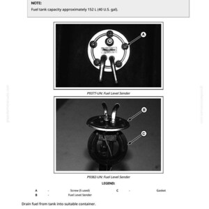 K&ouml;nnte beinhalten: Diagramm eines Kraftstoffstandgebers mit Nahaufnahmen und Beschriftungen. Der Text gibt an, dass die Kraftstofftankkapazit&auml;t etwa 152 Liter betr&auml;gt. Enth&auml;lt Anweisungen zur Entfernung und Installation.