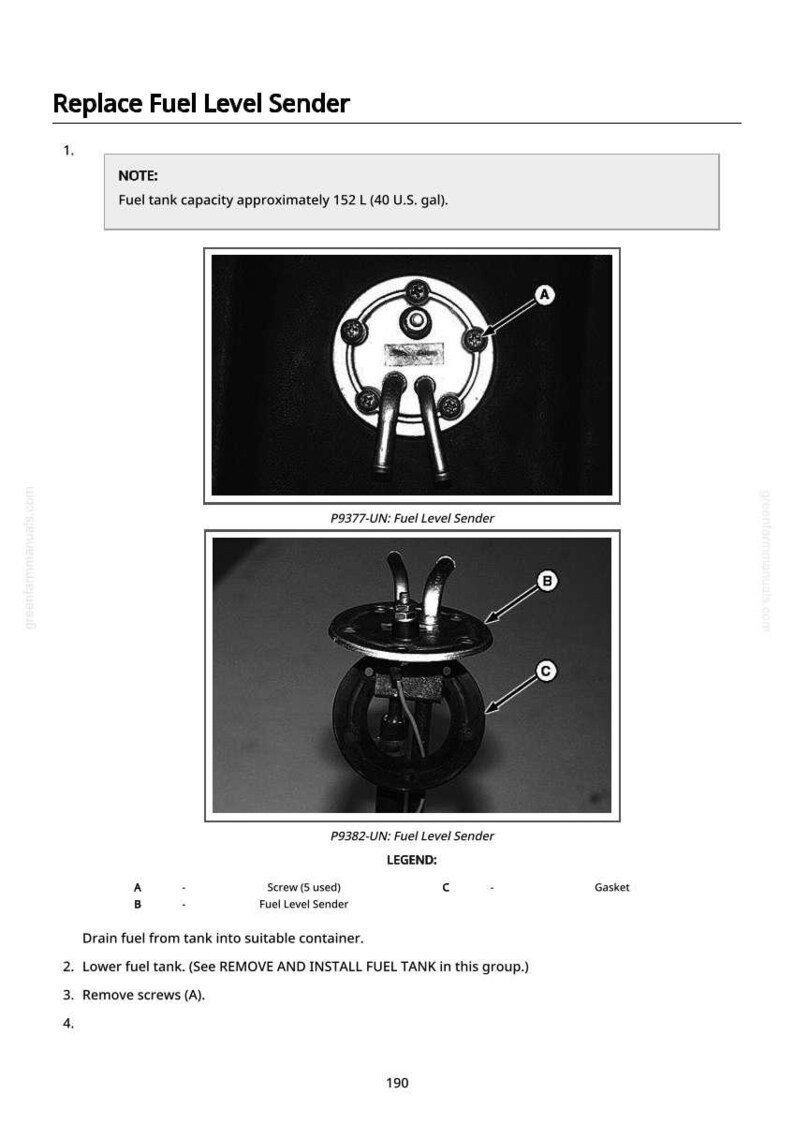 K&ouml;nnte beinhalten: Diagramm eines Kraftstoffstandgebers mit Nahaufnahmen und Beschriftungen. Der Text gibt an, dass die Kraftstofftankkapazit&auml;t etwa 152 Liter betr&auml;gt. Enth&auml;lt Anweisungen zur Entfernung und Installation.