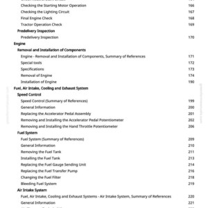 May include: A page from a manual with a white background, featuring a detailed table of contents. The text includes sections on engine maintenance, fuel systems, and air intake, with page numbers listed on the right.