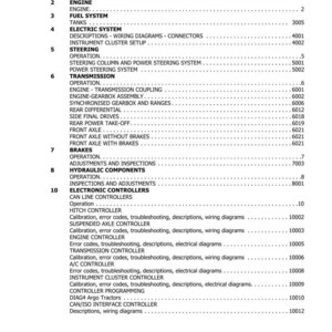 K&ouml;nnte beinhalten: Eine wei&szlig;e Seite mit einem Inhaltsverzeichnis f&uuml;r ein technisches Handbuch. Die Tabelle listet Abschnitte wie Motor, Kraftstoffsystem, Elektrik, Lenkung, Getriebe, Bremsen, Hydraulikkomponenten und elektronische Steuerungen auf.