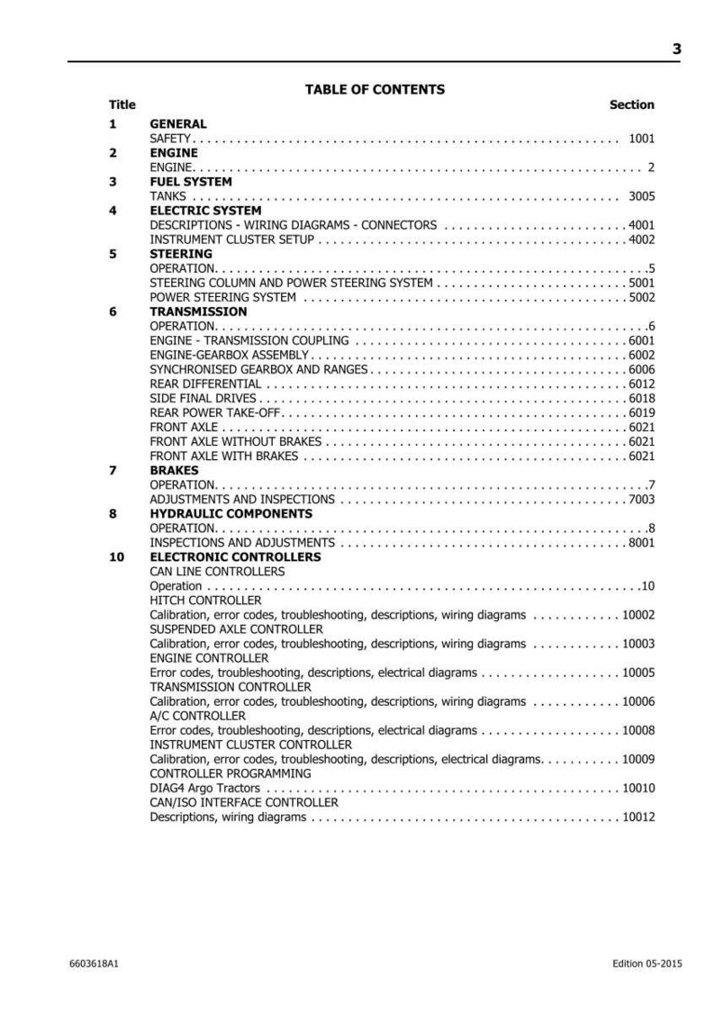 K&ouml;nnte beinhalten: Eine wei&szlig;e Seite mit einem Inhaltsverzeichnis f&uuml;r ein technisches Handbuch. Die Tabelle listet Abschnitte wie Motor, Kraftstoffsystem, Elektrik, Lenkung, Getriebe, Bremsen, Hydraulikkomponenten und elektronische Steuerungen auf.