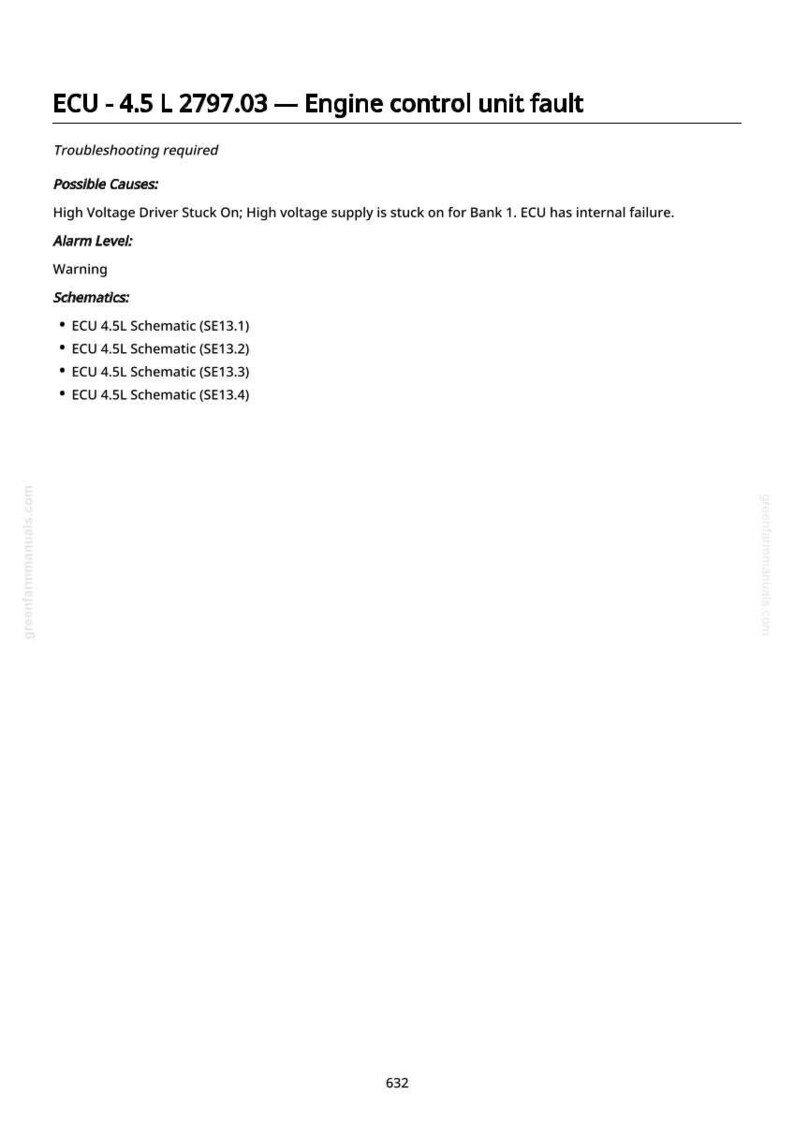 K&ouml;nnte beinhalten: Eine wei&szlig;e Seite mit dem Titel "ECU - 4.5 L 2797.03 - Engine control unit fault". Sie listet Fehlerbehebungsinformationen, m&ouml;gliche Ursachen, die Alarmebene und Schaltpl&auml;ne f&uuml;r ein Motorsteuerger&auml;t auf.