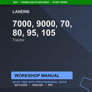 May include: A dark blue graphic with the Landini logo and tractor model numbers 7000, 9000, 70, 80, 95, and 105. The text "Tractor" is below the numbers. A blue rectangle reads "WORKSHOP MANUAL".