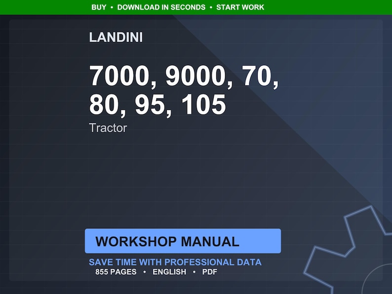 May include: A dark blue graphic with the Landini logo and tractor model numbers 7000, 9000, 70, 80, 95, and 105. The text "Tractor" is below the numbers. A blue rectangle reads "WORKSHOP MANUAL".