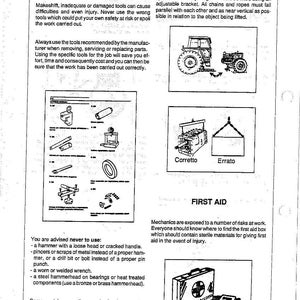 May include: A page from a manual with safety regulations, tools, and equipment instructions. Illustrations include tractors, tools, and a first aid kit. Text includes warnings about using the wrong tools and the importance of first aid.