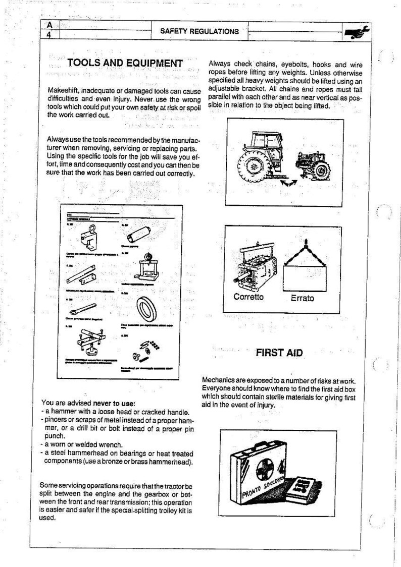 May include: A page from a manual with safety regulations, tools, and equipment instructions. Illustrations include tractors, tools, and a first aid kit. Text includes warnings about using the wrong tools and the importance of first aid.