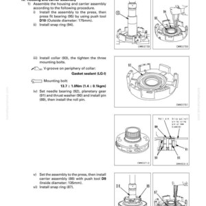 May include: Diagram of a transmission assembly process, with detailed illustrations of components like bearings, snap rings, and collars. Includes measurements in millimeters and torque specifications for bolts.