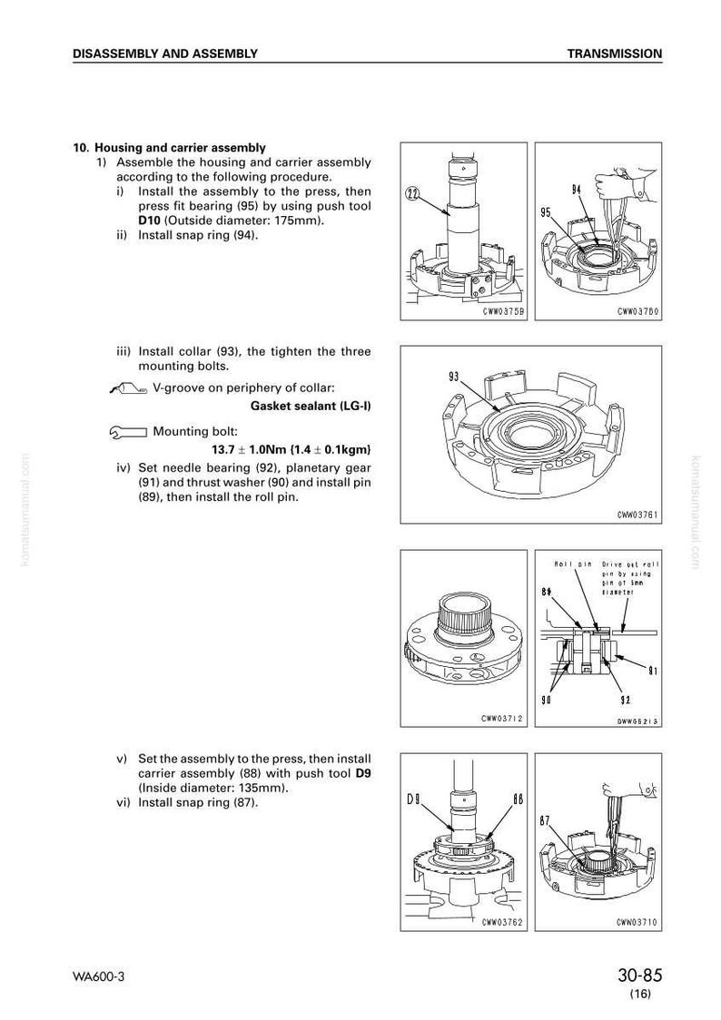 May include: Diagram of a transmission assembly process, with detailed illustrations of components like bearings, snap rings, and collars. Includes measurements in millimeters and torque specifications for bolts.