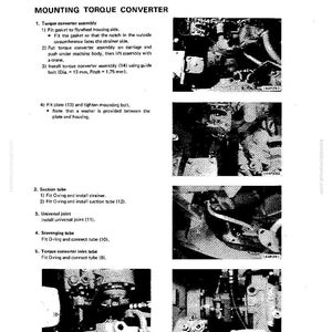 May include: A page from a manual titled "Mounting Torque Converter" with detailed instructions and diagrams. The text describes the assembly process, including fitting gaskets, installing bolts, and connecting tubes. The diagrams show various mechanical components.