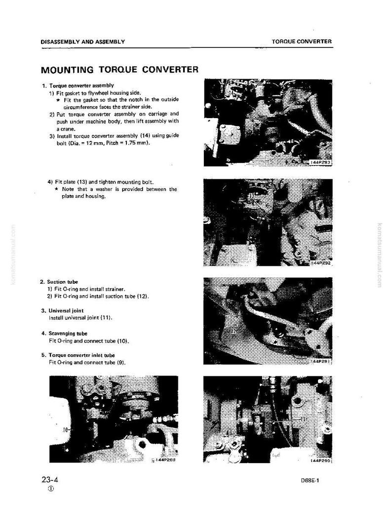 May include: A page from a manual titled "Mounting Torque Converter" with detailed instructions and diagrams. The text describes the assembly process, including fitting gaskets, installing bolts, and connecting tubes. The diagrams show various mechanical components.