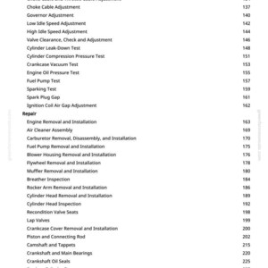 Pu&ograve; includere: Una pagina di un manuale con un elenco di procedure di riparazione e manutenzione del motore. Il testo include argomenti come "Carburante", "Test scintilla" e "Rimozione e installazione della testata". Il numero di pagina &egrave; 4.