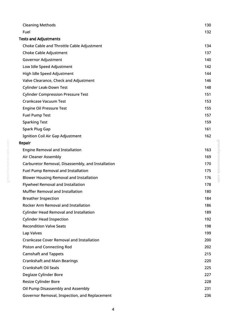 Pu&ograve; includere: Una pagina di un manuale con un elenco di procedure di riparazione e manutenzione del motore. Il testo include argomenti come "Carburante", "Test scintilla" e "Rimozione e installazione della testata". Il numero di pagina &egrave; 4.