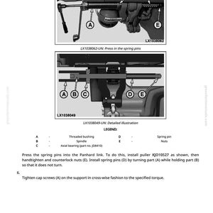 May include: Detailed black and white diagram of mechanical components with labels A through E. Text includes instructions for installing spring pins and tightening cap screws. The image is from a greenfarmmanuals.com document.
