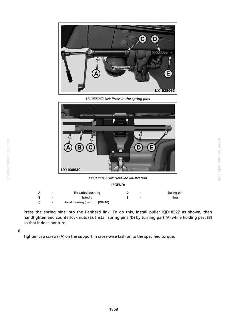 May include: Detailed black and white diagram of mechanical components with labels A through E. Text includes instructions for installing spring pins and tightening cap screws. The image is from a greenfarmmanuals.com document.