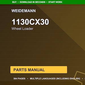 May include: A digital document cover with the Weidemann logo and "1130CX30 Wheel Loader" text. The cover also includes "Parts Manual" in a yellow box, and details about the document's 394 pages, multiple languages, and PDF format.