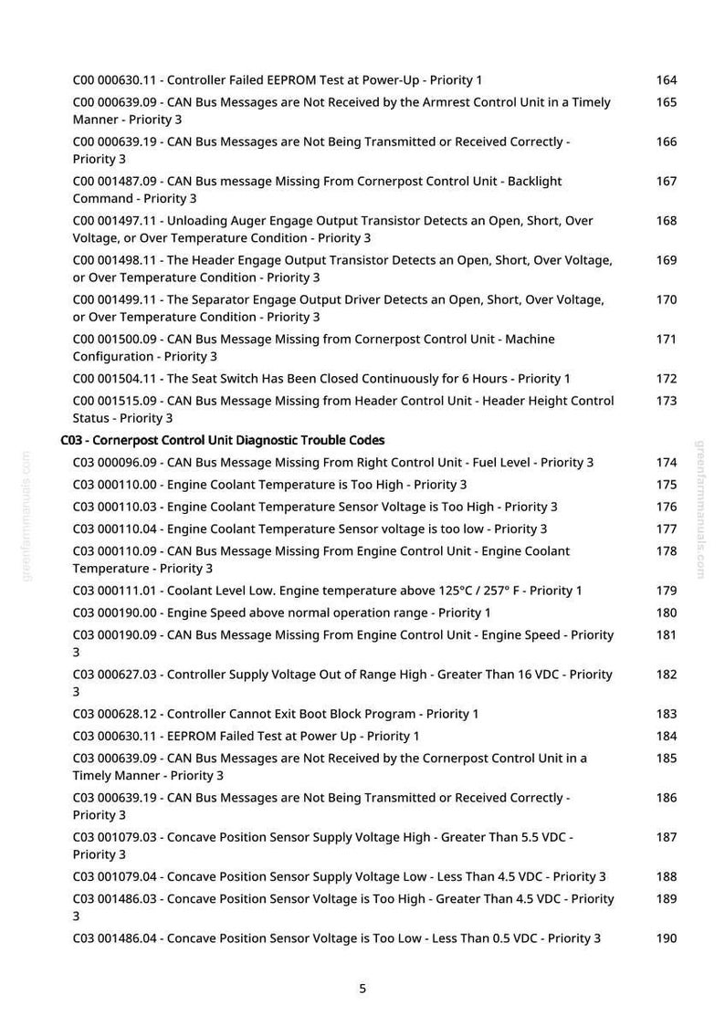 May include: A page from a manual with a list of diagnostic trouble codes, including CAN bus messages and engine-related issues. The text is in black font on a white background, with a green website address at the top right.