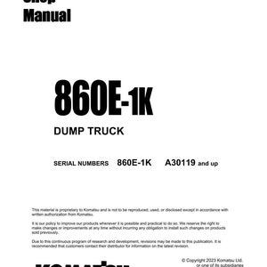 May include: A white shop manual cover with the text "Shop Manual" in black. The manual's title is "860E-1K DUMP TRUCK" in large, bold black letters. The Komatsu logo is at the bottom.