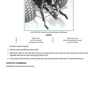 May include: Diagram of a tractor's draft arm and anti-sway link removal process. The image includes labeled parts such as rubber straps, lynch pins, anti-sway links, draft arms, cotter pins, washers, and clevis pins. Text provides step-by-step instructions.