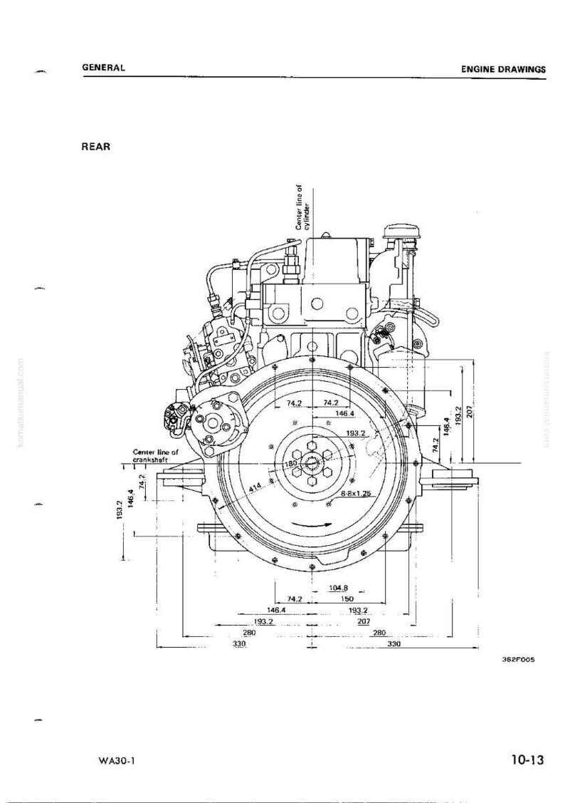 K&ouml;nnte beinhalten: Detaillierte Motorzeichnung mit Abmessungen in Millimetern. Die R&uuml;ckansicht des Motors, beschriftet mit "WA30-1", zeigt Messungen wie 193,2 mm, 146,4 mm und 104,8 mm. Die Zeichnung enth&auml;lt den Text "ENGINE DRAWINGS".