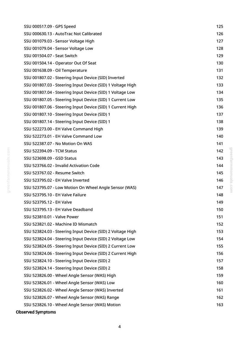 May include: A page from a manual with a list of observed symptoms and diagnostic codes, including GPS speed, sensor voltage, and steering input device issues. The page is white with black text.