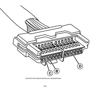 May include: Black and white illustration of a rectangular electrical connector with multiple pins. The connector is attached to a cable. Text at the bottom reads "LVAL 16211-UN: Control Panel Circuit - Switched Power".