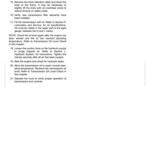 May include: A page from a manual with instructions for torque converter and transmission maintenance. The text includes steps for verifying hoses, installing filters, and checking oil levels. The document is labeled F2-40.