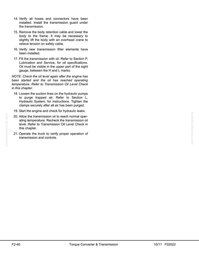 May include: A page from a manual with instructions for torque converter and transmission maintenance. The text includes steps for verifying hoses, installing filters, and checking oil levels. The document is labeled F2-40.