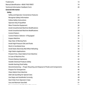 May include: A white page titled "Table of Contents" from a manual. The text lists various safety topics, including "Safety," "Prevent Fires," and "Avoid Backover Accidents." Page numbers are listed on the right.