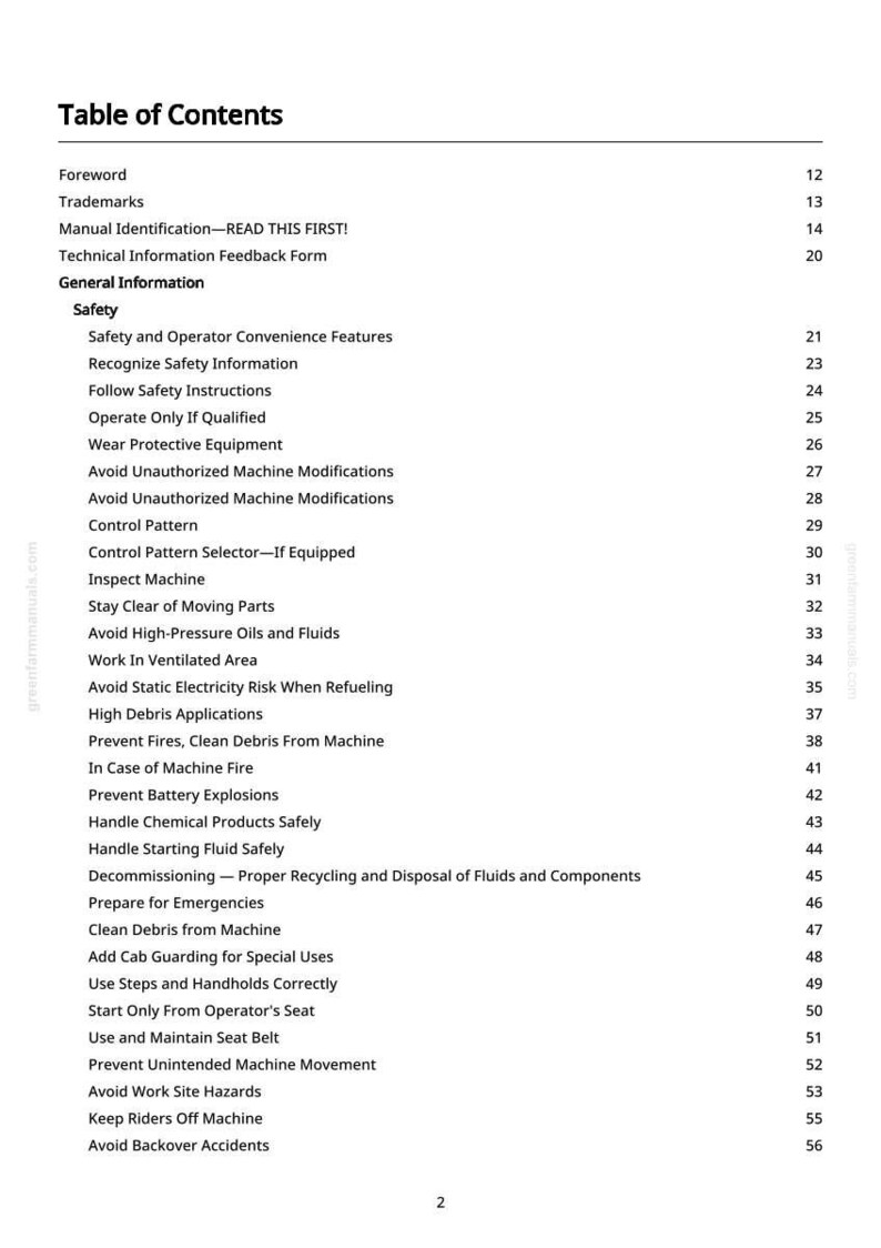 May include: A white page titled "Table of Contents" from a manual. The text lists various safety topics, including "Safety," "Prevent Fires," and "Avoid Backover Accidents." Page numbers are listed on the right.