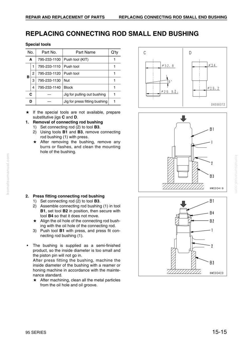 以下が含まれることがあります： コンロッド小端ブッシュ交換の技術図。工具と手順の図、寸法はミリメートル。テキストには部品番号と取り外しと圧入の手順が含まれています。