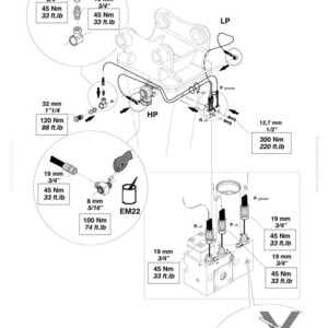 May include: Technical diagram with detailed schematics of hydraulic components, including measurements in inches and foot-pounds. Features various fittings, connectors, and a hydraulic system layout with text labels and annotations. The diagram includes the text "OK".