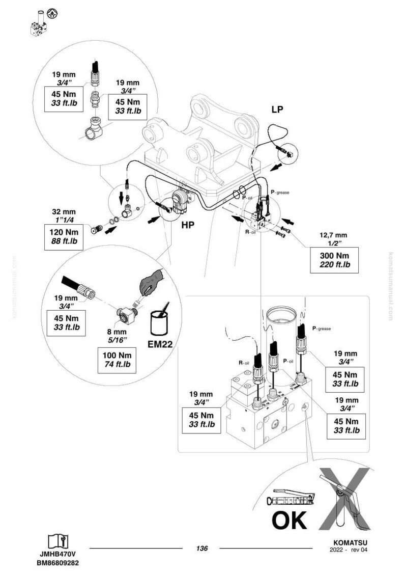 May include: Technical diagram with detailed schematics of hydraulic components, including measurements in inches and foot-pounds. Features various fittings, connectors, and a hydraulic system layout with text labels and annotations. The diagram includes the text "OK".