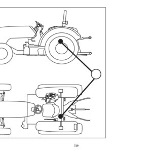 May include: Line drawing of a tractor, showing a side view and a top-down view. The tractor has large rear wheels and smaller front wheels. The image includes a diagram with lines and circles. The number 729 is at the bottom.