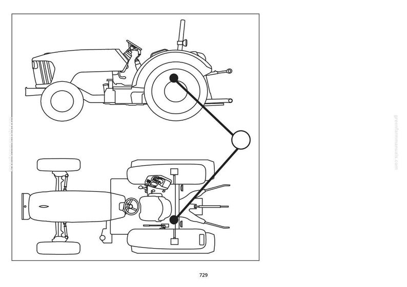 May include: Line drawing of a tractor, showing a side view and a top-down view. The tractor has large rear wheels and smaller front wheels. The image includes a diagram with lines and circles. The number 729 is at the bottom.