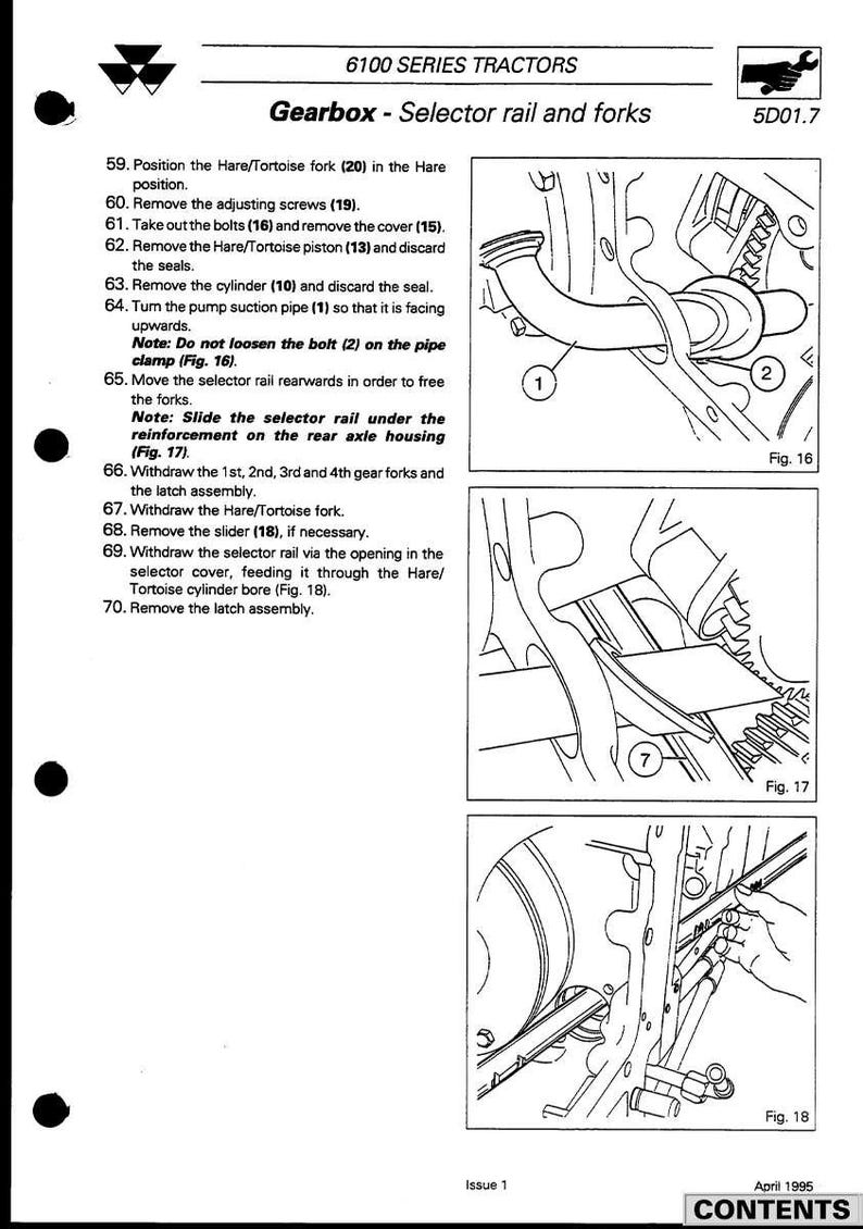 Op de afbeelding: Diagram uit een handleiding voor 6100-serie tractoren, met details over de versnellingsbak-selectierail en vorken. De zwart-wit illustraties tonen verschillende componenten en onderhoudsstappen, waaronder het verwijderen van bouten, zuigers en de vergrendelingsconstructie.
