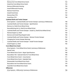 May include: A detailed page from a manual, listing components and procedures for automotive repair. Topics include drive systems, front-wheel drive clutch, and differential repair, with page numbers.