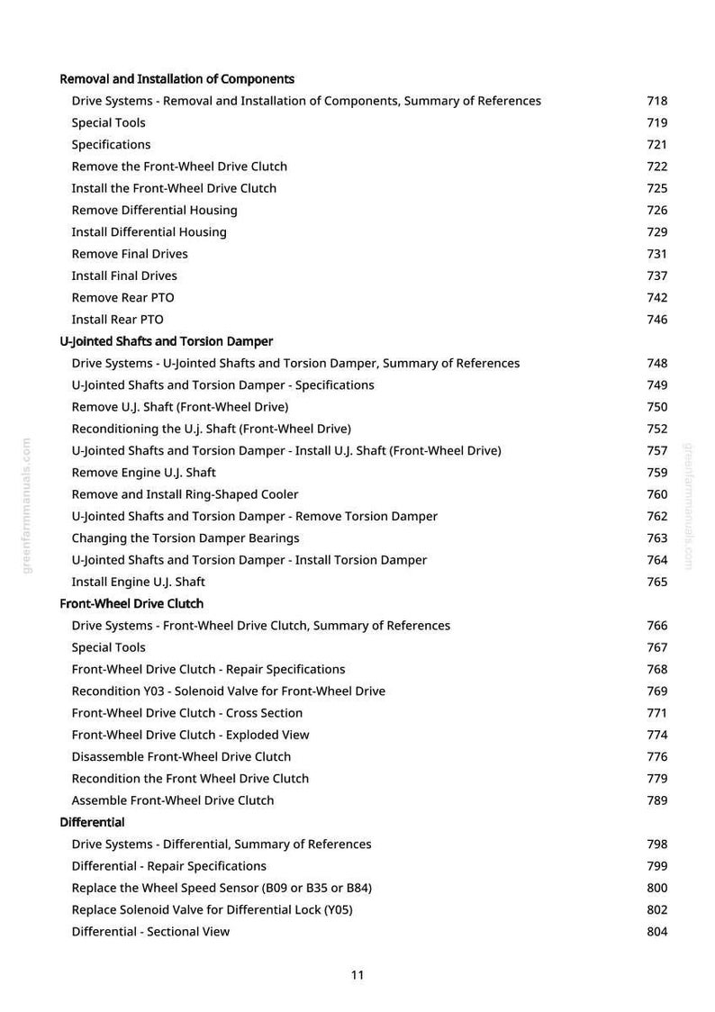 May include: A detailed page from a manual, listing components and procedures for automotive repair. Topics include drive systems, front-wheel drive clutch, and differential repair, with page numbers.