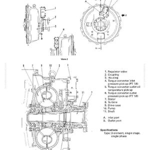 May include: Detailed technical diagram of a torque converter, labeled with part numbers and names. Includes views of the regulator valve, coupling, housing, and other components. The diagram also includes specifications for the torque converter.