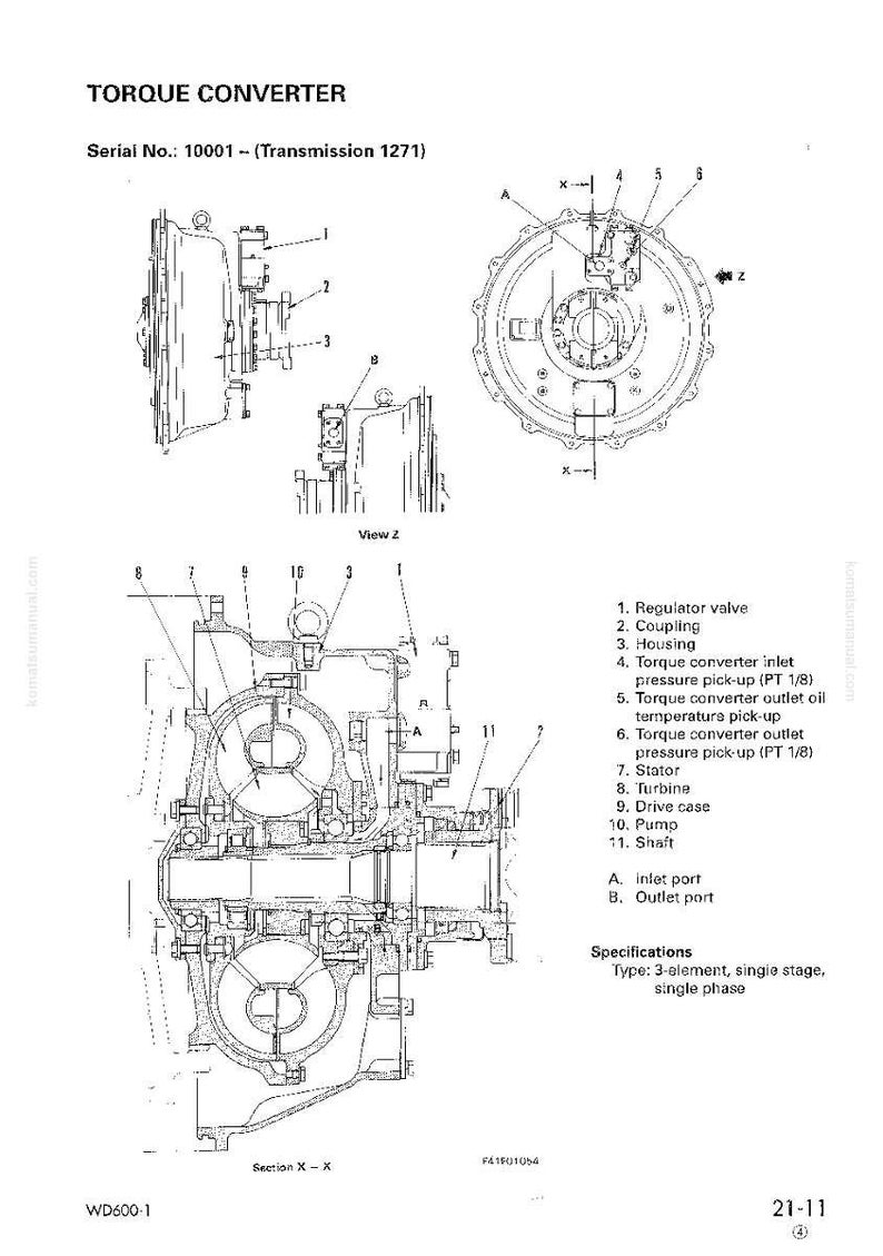 May include: Detailed technical diagram of a torque converter, labeled with part numbers and names. Includes views of the regulator valve, coupling, housing, and other components. The diagram also includes specifications for the torque converter.