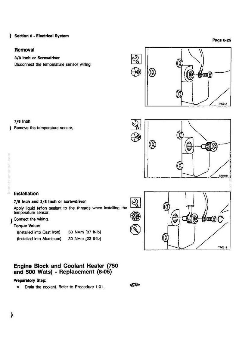 May include: Diagram from a manual showing steps for removing and installing a temperature sensor. Includes text instructions and illustrations of the process, with torque values in ft-lb and Nm. The page is labeled "Section 6 - Electrical System."