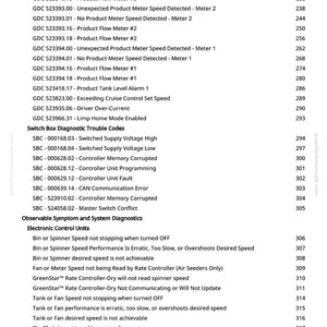 May include: A detailed list of diagnostic trouble codes and system diagnostics for agricultural machinery. The text includes codes related to product meters, flow meters, and electronic control units, with corresponding numerical identifiers.